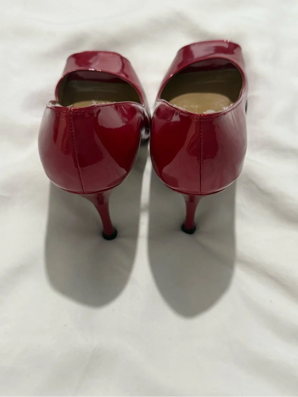 Stuart Weitzman - Red Patent Peep-Toe Mid-Heels - Picture 6 of 9